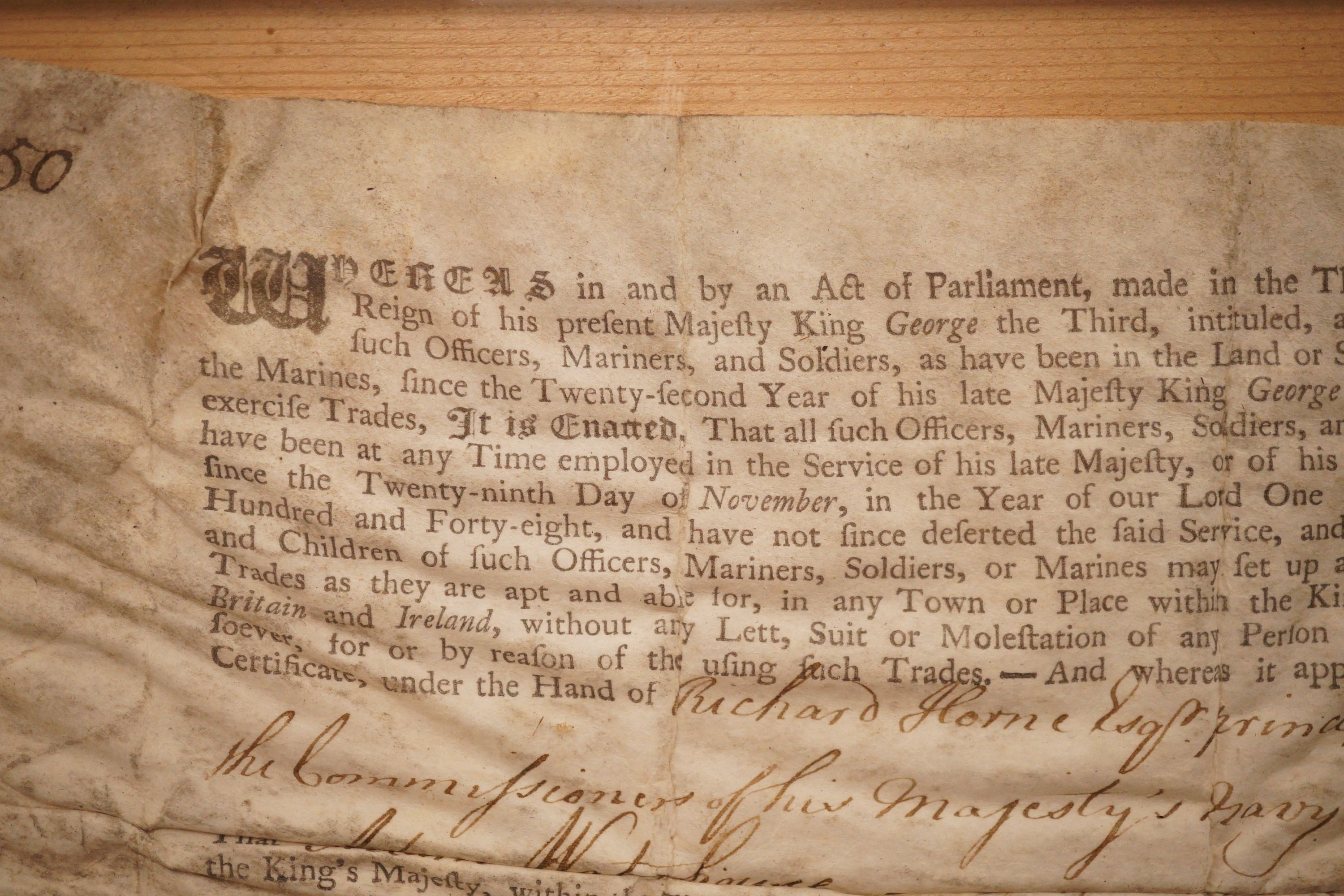 A framed Press Gang exemption for Adam Waterhouse of HMS Foudroyant, dated 1763